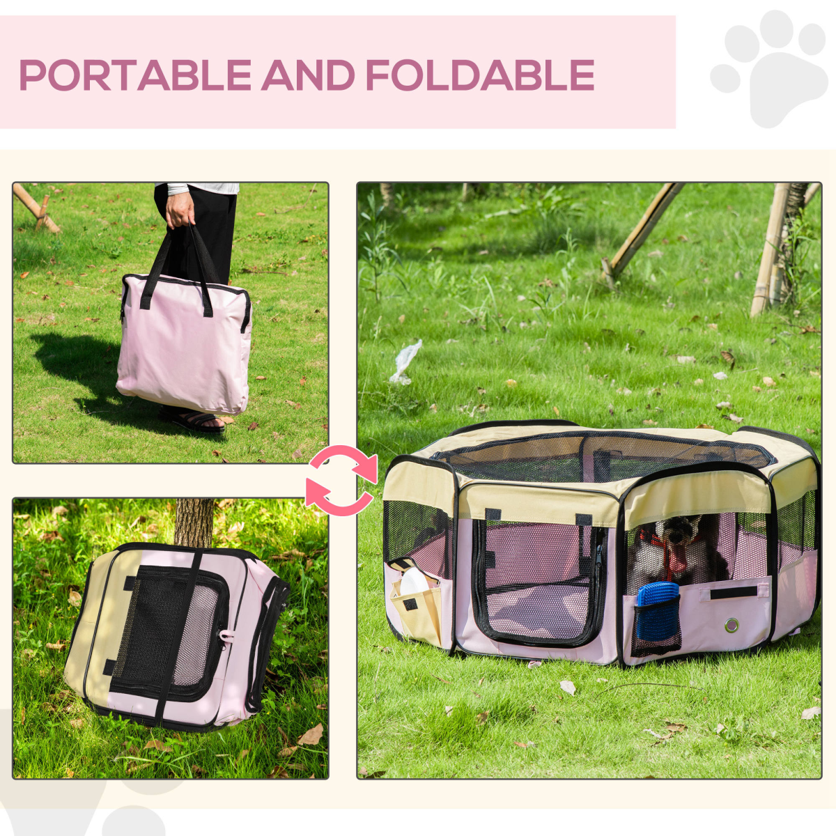 Portable Soft-Sided Fabric Pet Playpen with Mesh Panels, Waterproof Floor, Detachable Cover, and Carrying Bag