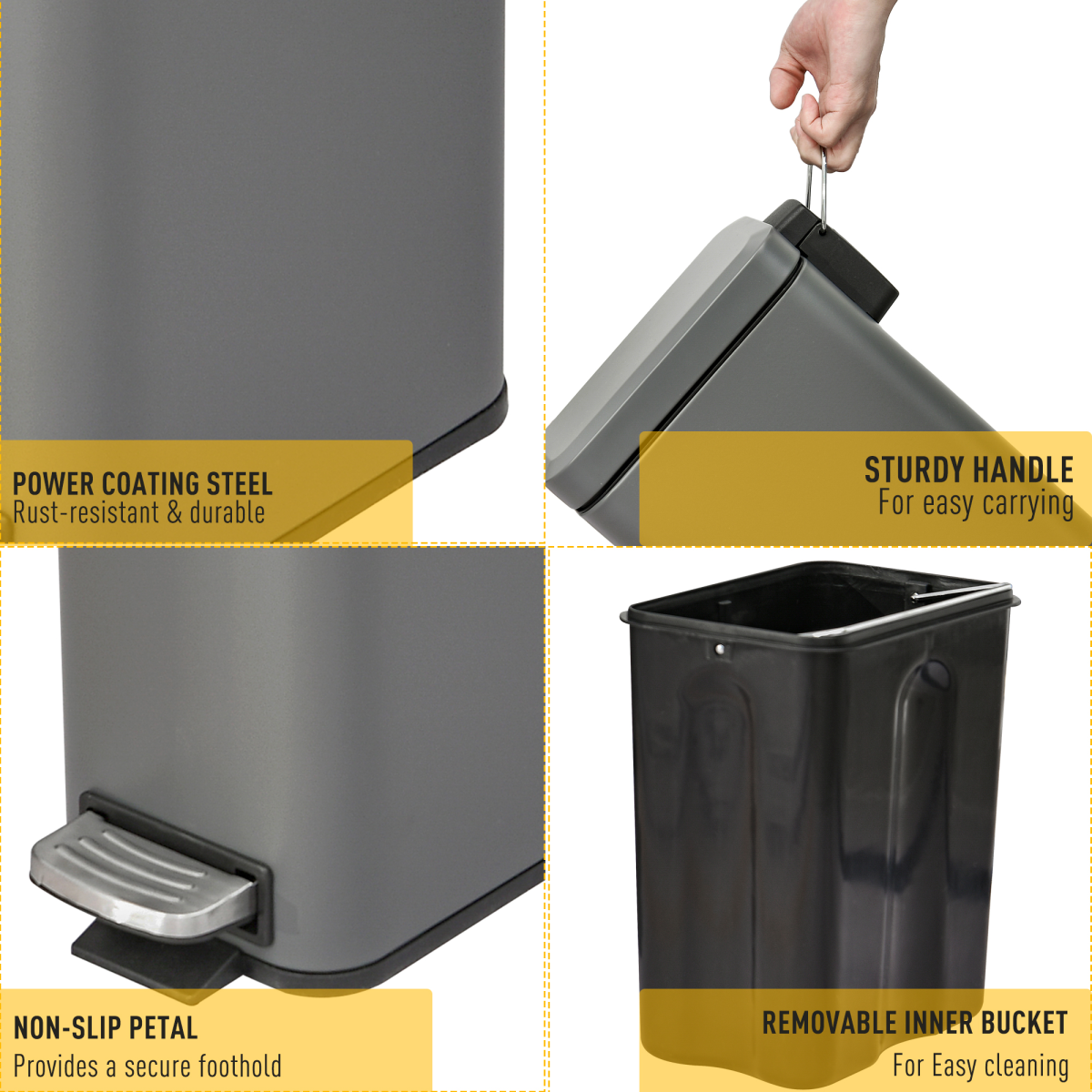 5L Steel Step Trash Can with Soft-Close Lid and Removable Bucket