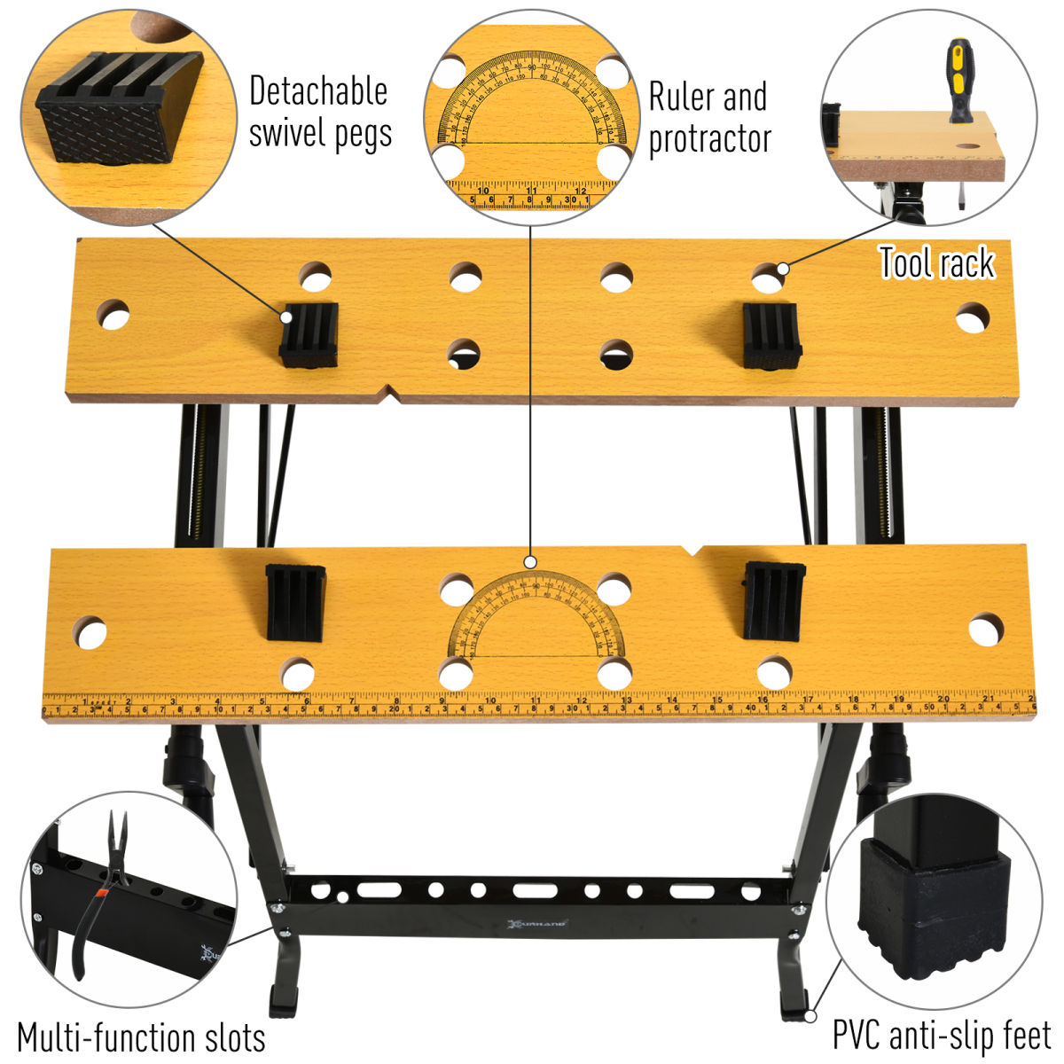 DURHAND MDF Top Portable Folding Work Bench, Sawhorse, Clamp and Work Table with Adjustable Clamps, Black