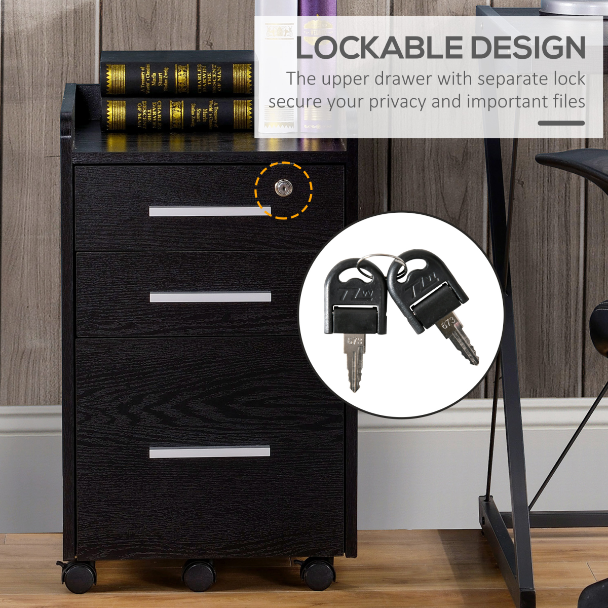 HOMCOM Compact Black Office Storage Cart with Wheels, 3 Drawers