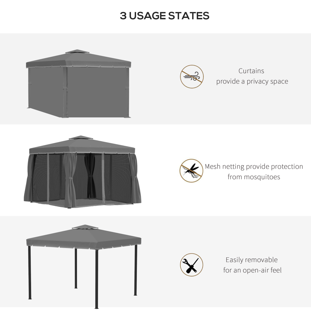 Outsunny 3 x 3m Gazebo Canopy with 2-Tier Roof, Removable Mosquito Netting, Aluminium and Steel Frame, Dark Grey