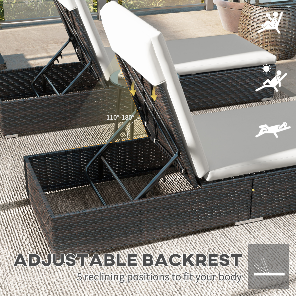 Outsunny Set of 2 Rattan Sun Loungers with Adjustable Back, Brown