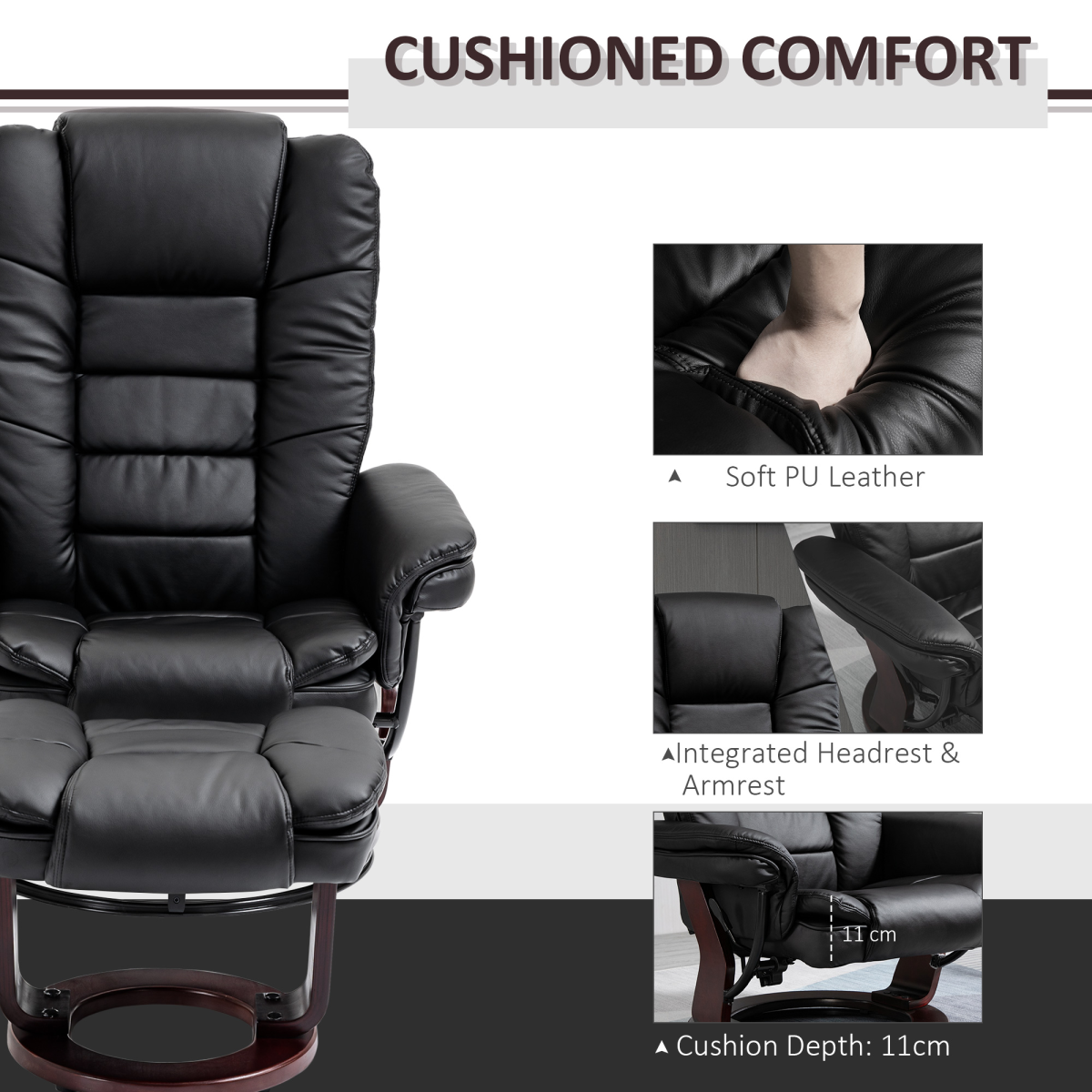 Swivel Manual Recliner and Footrest Set, PU Lounge Chair with Wooden Base, Black
