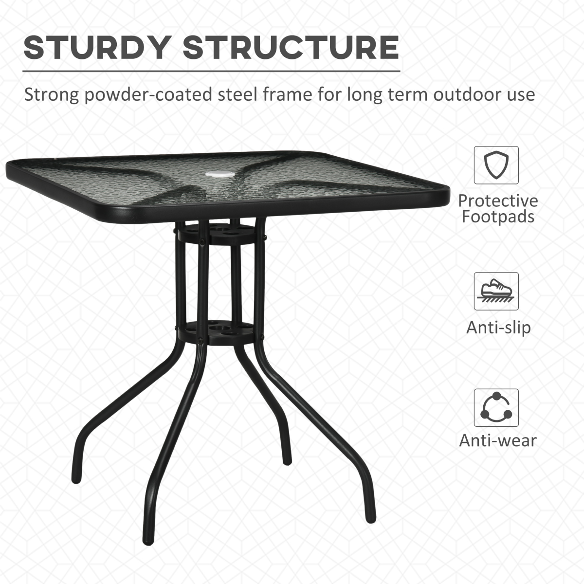 Square Square Patio Table with Tempered Glass Top, Steel Frame, 76 x 76cm Garden Dining Table
