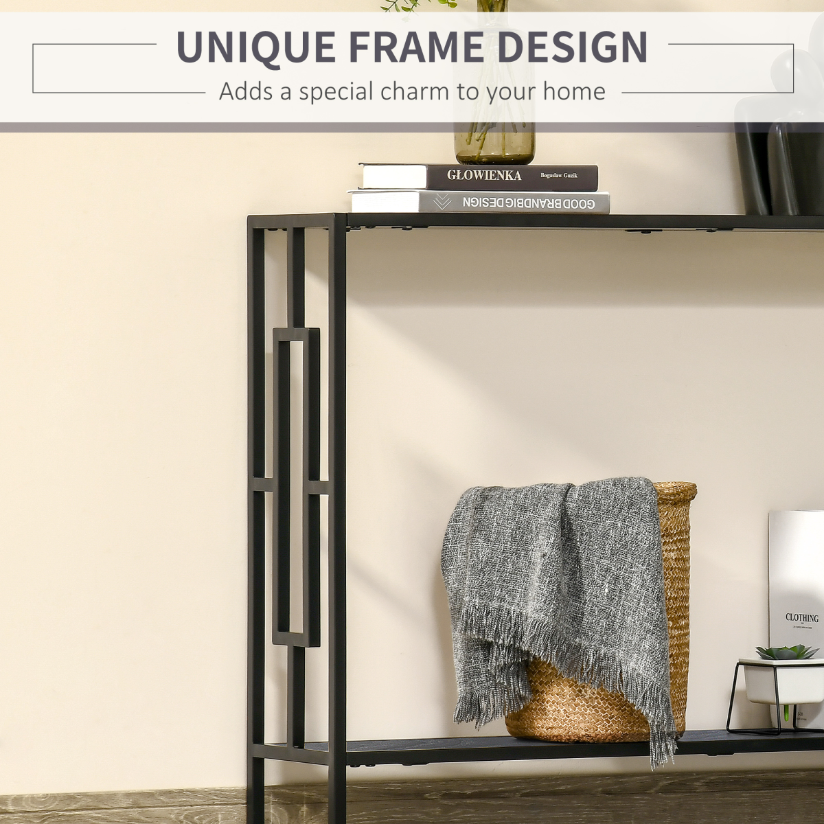 HOMCOM Console Table with 2 Shelves, Particle Board and Metal Frame, Art Deco Style, 76x106cm
