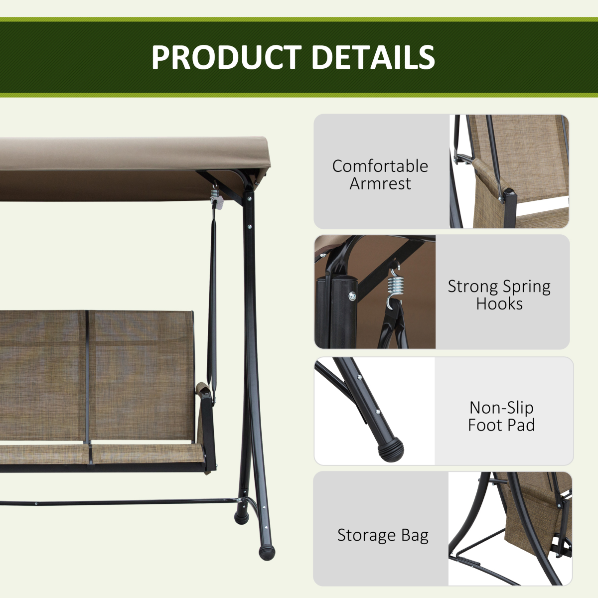 Outsunny 3-Person Swing Chair with Adjustable Canopy, Side Pockets and High Back, Brown