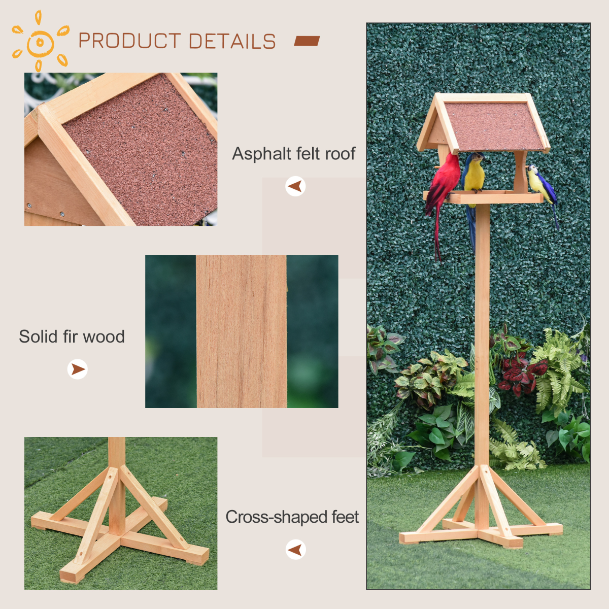 Pawhut Wooden Freestanding Bird Feeder Platform with Cross-Shaped Support Feet, Sturdy Fir Wood Frame, Non-Toxic Painted Finish, Sloped Asphalt Top