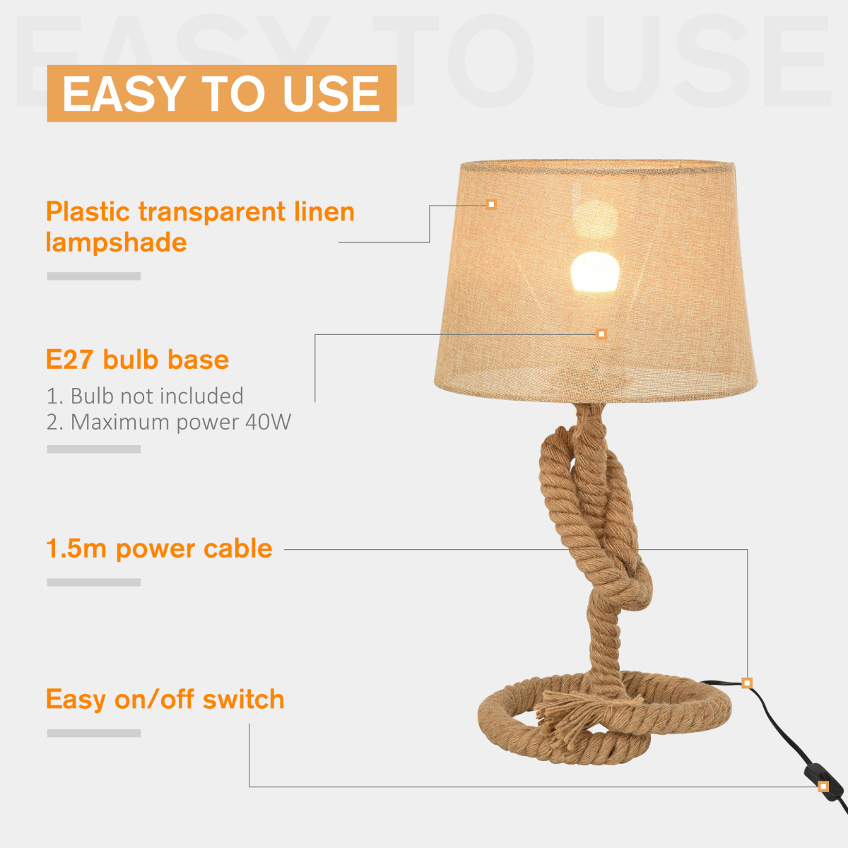 Beige Hemp Rope Table Lamp with Linen Shade, Nautical-Inspired, British Standard Plug, E27 Bulb Required, HOMCOM