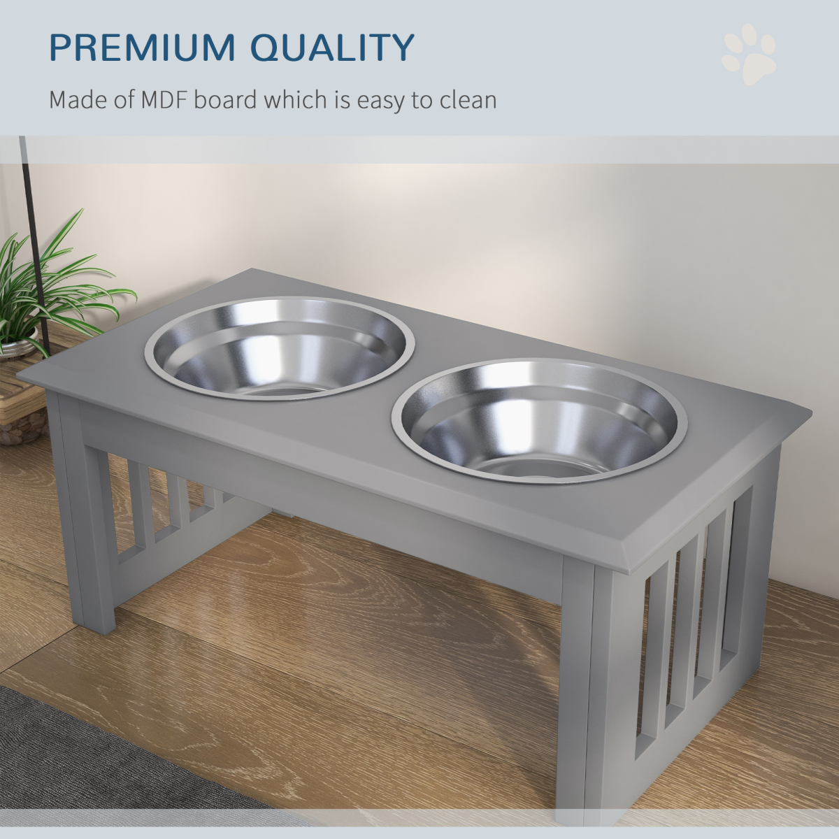 PawHut Elevated Pet Feeder with Stainless Steel Double Bowls, Grey