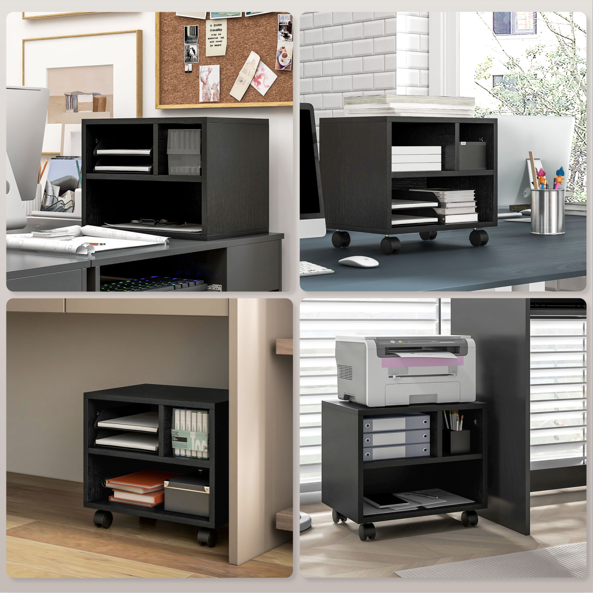 HOMCOM 3-Compartment Printer Stand on Wheels with Brakes, Black