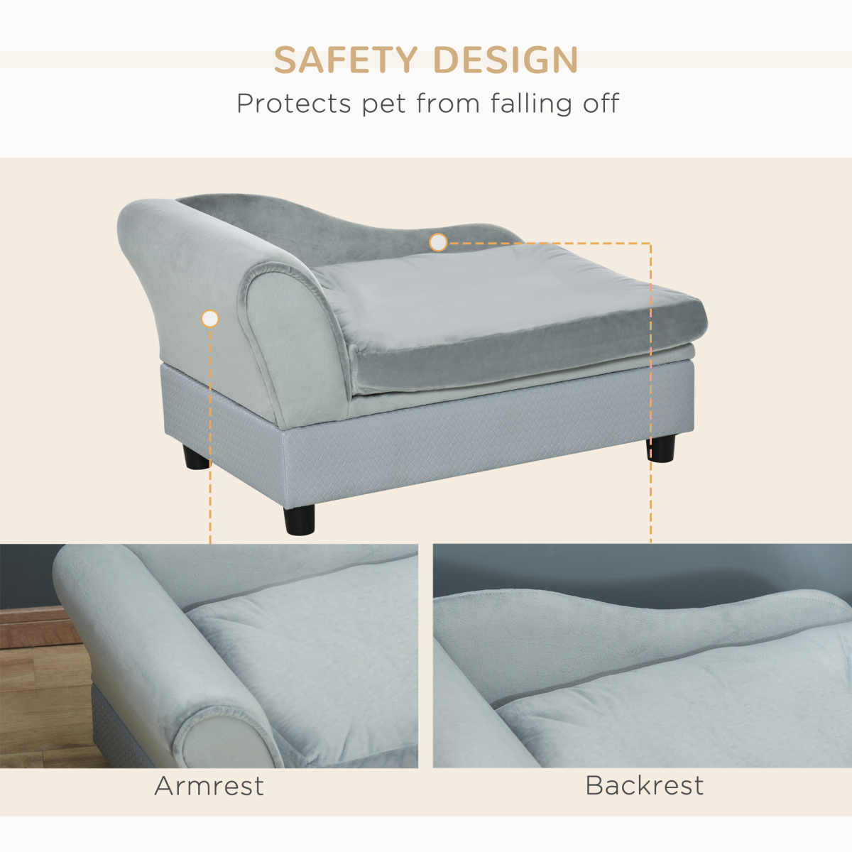 PawHut Pet Sofa with Storage, Cushion, Velvet Upholstered Dog Chair Cat Couch, Light Blue