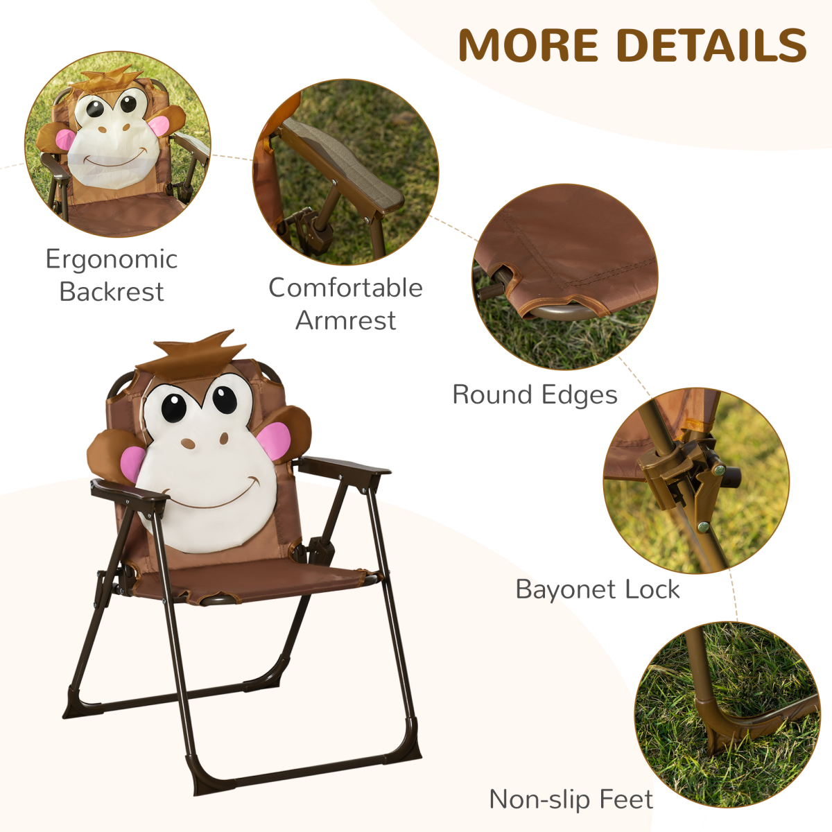 Outsunny Kids Foldable Four-Piece Garden Set with Round Table, 2 Fold-Out Chairs and Adjustable Umbrella, Monkey Design