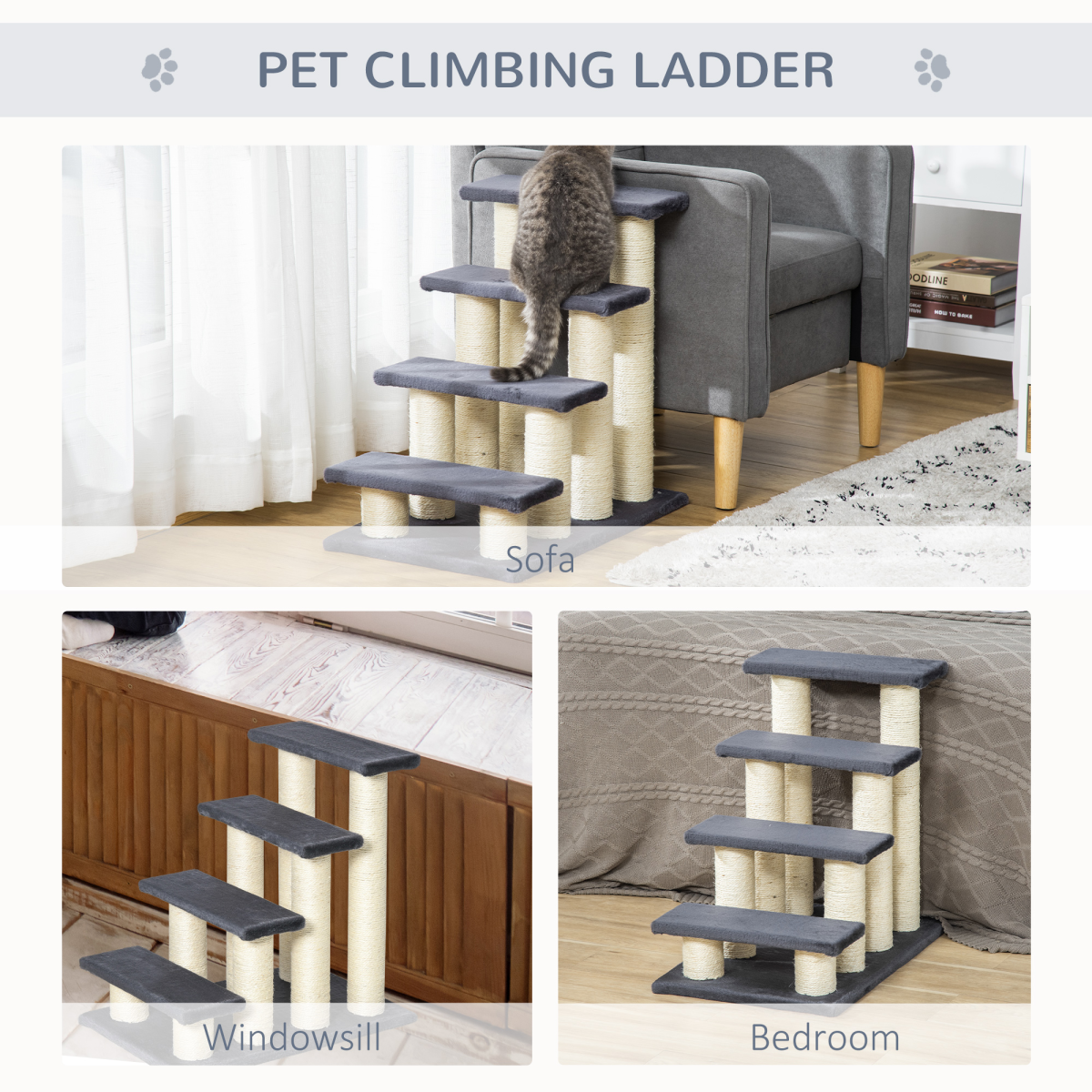 PawHut Plush Pet Stair Ladder for Cats and Dogs with Sisal Posts