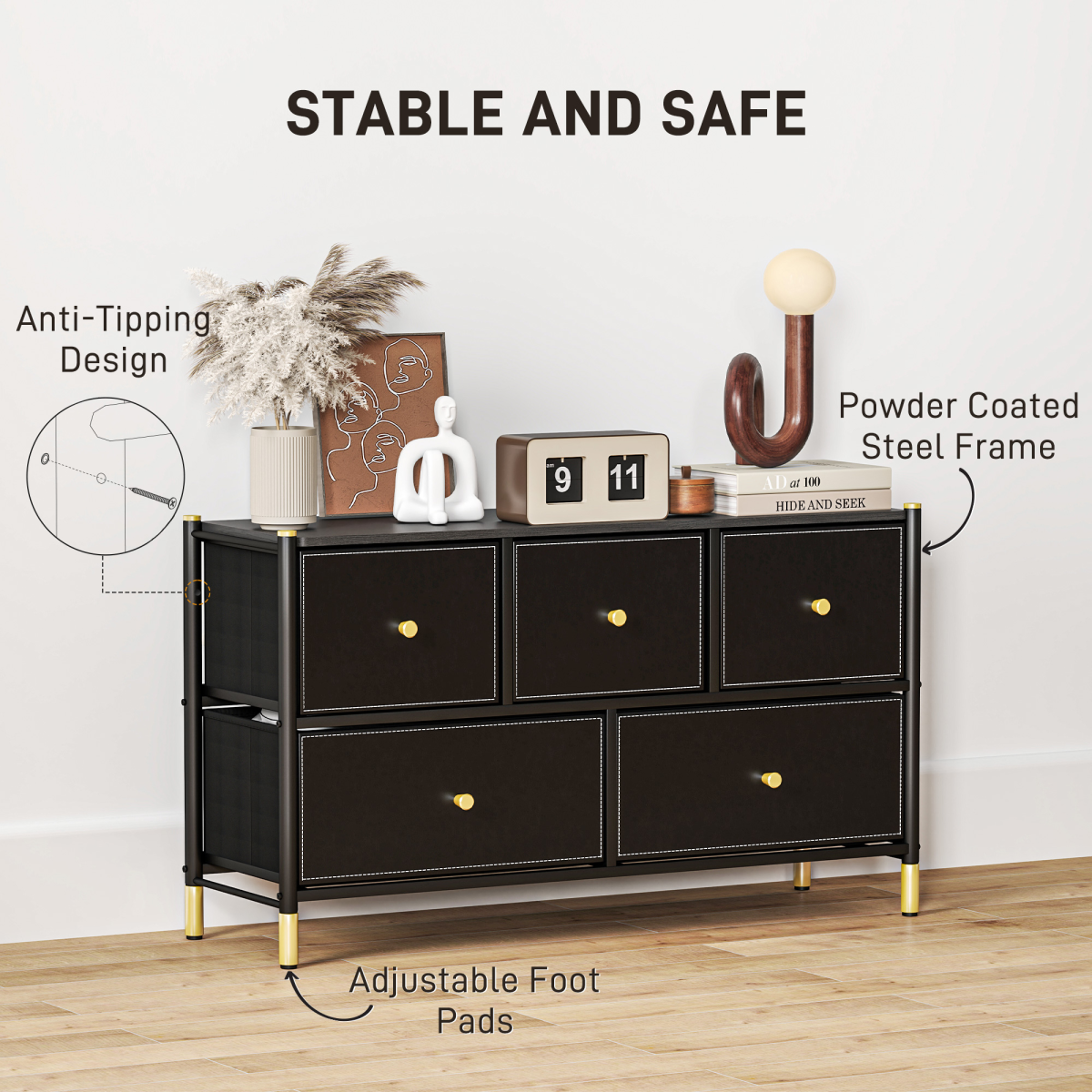 HOMCOM Black Fabric Chest of Drawers with PU Leather Surface