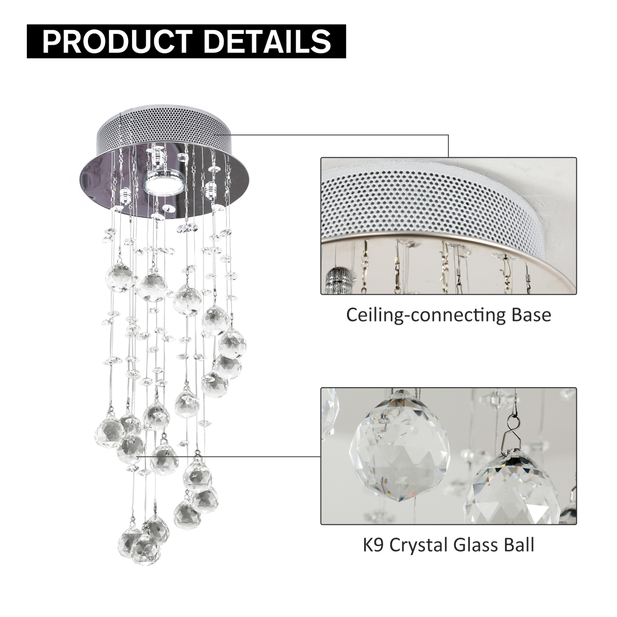 HOMCOM Crystal Chandelier Spiral Rain Drop Silver Crystal Metal with 20 K9 Crystal Glass Ball Droplets, GU10 1 x 50W Bulb Required
