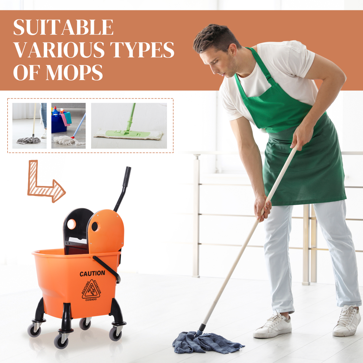HOMCOM 26L Mop Bucket on Wheels with Handle & Mop Holder, Orange