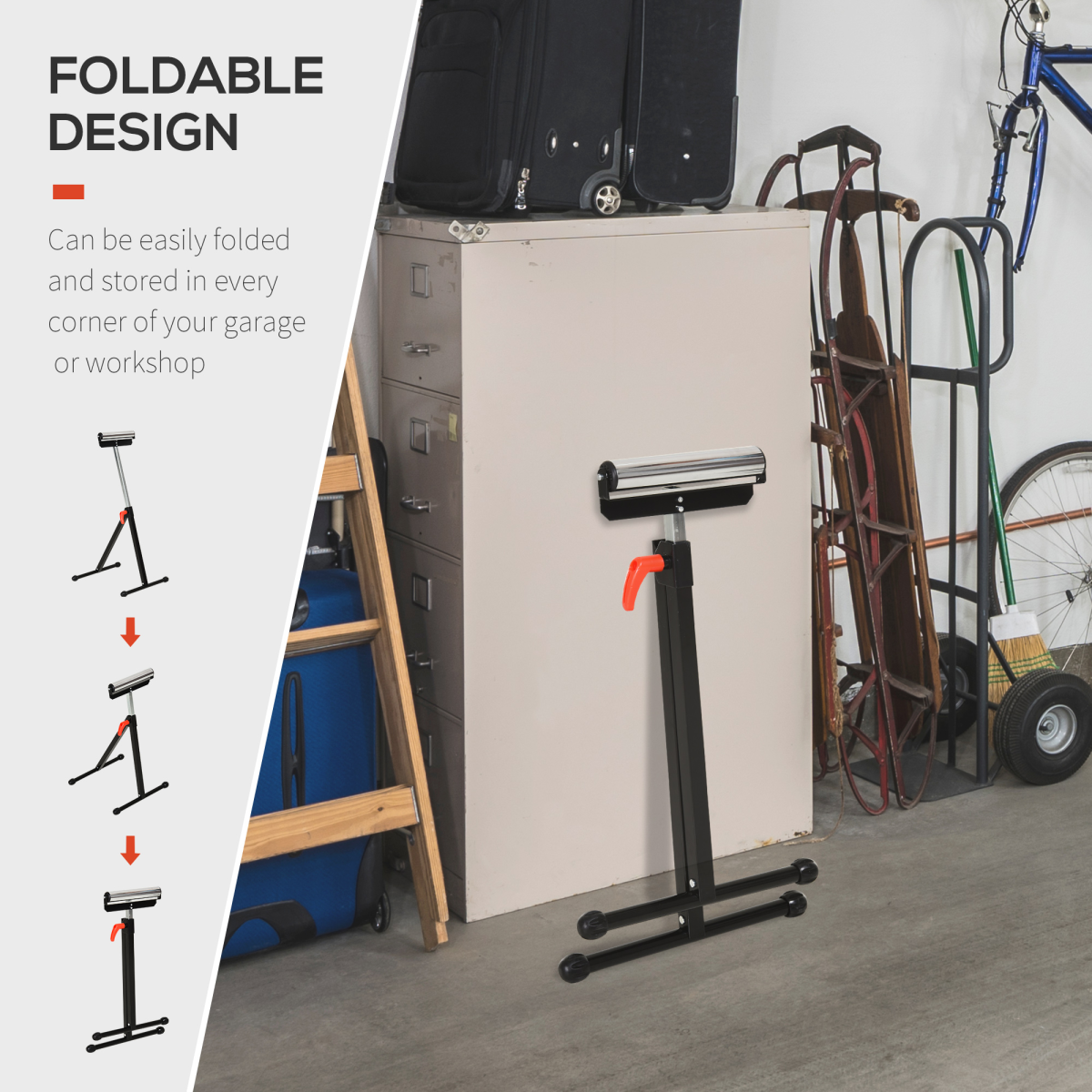 Adjustable Folding Metal Roller Stand for Woodworking, Height Adjustable 68-110cm, Chrome Ball Bearing Roller, Unbranded
