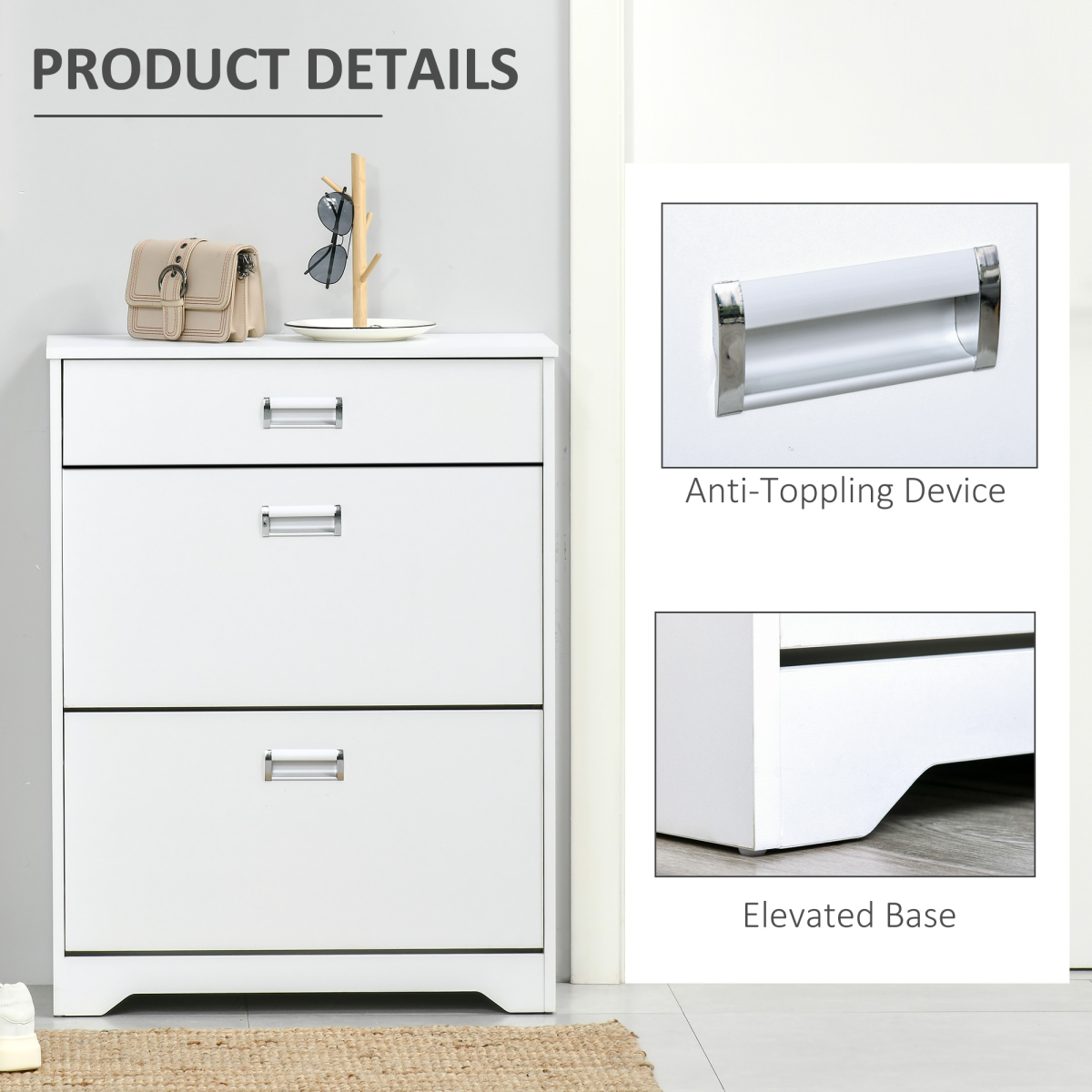 HOMCOM White Tipping Shoe Cabinet with Drawers, 16 Pairs