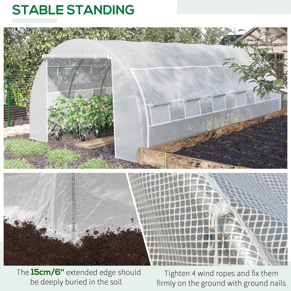 Outsunny 6 x 3 x 2 m Walk-In Polytunnel Greenhouse with Galvanised Steel Frame, Roll-Up Door and 12 Windows, White