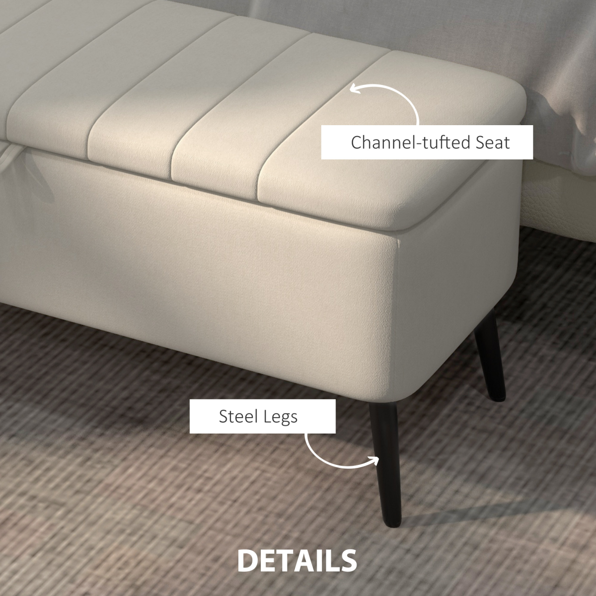 HOMCOM Storage Ottoman Bench, Linen-Touch Fabric, Steel Legs, Cream White