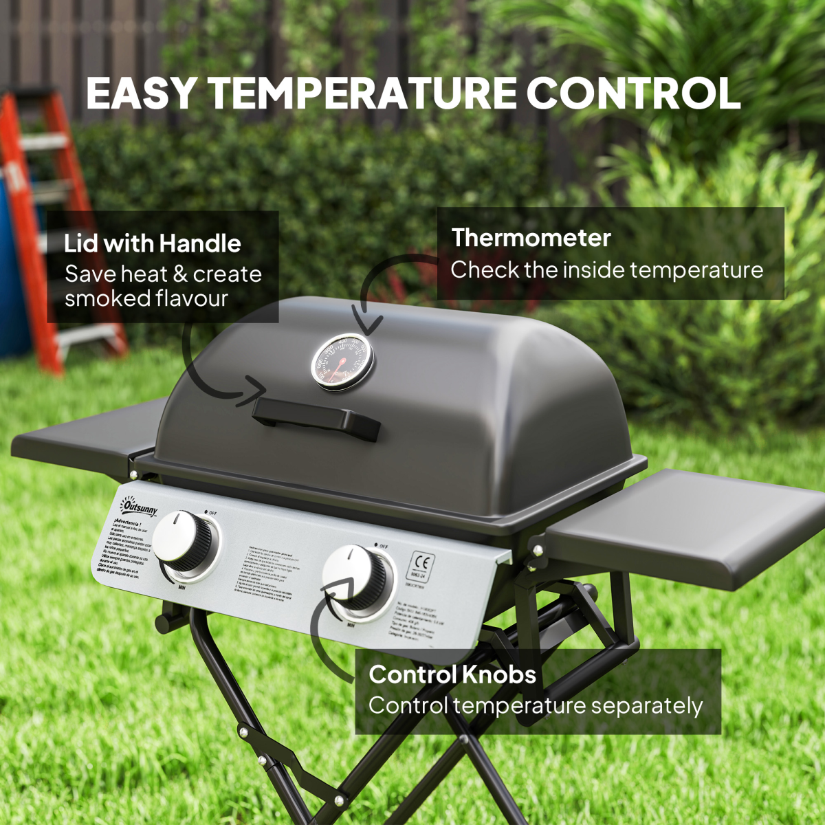Outsunny Portable Foldable Gas Barbecue Grill with Thermometer, Black