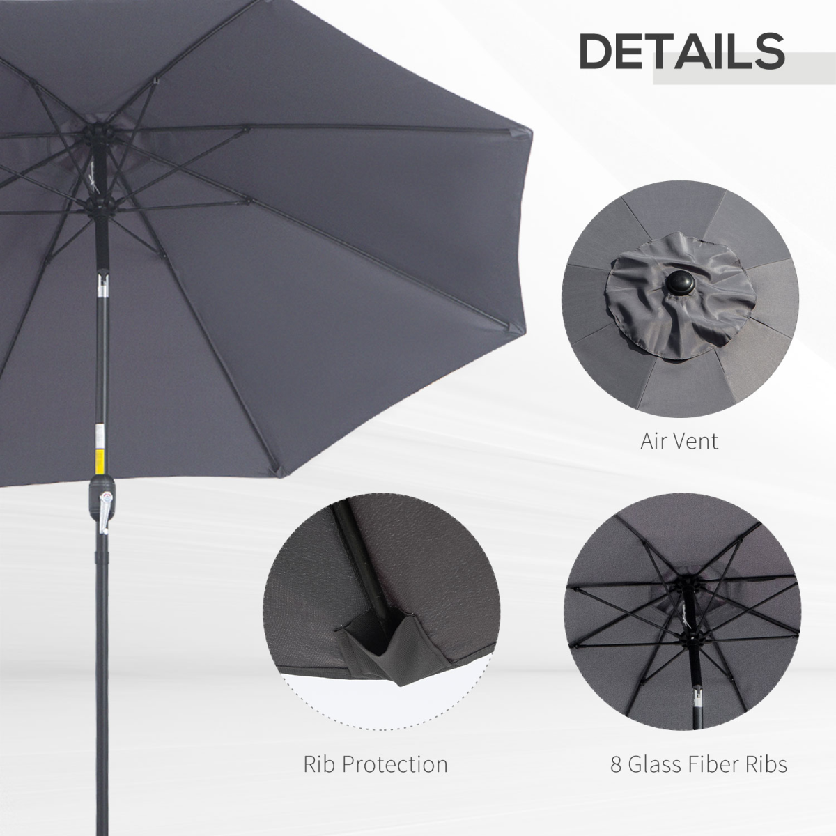 Outsunny 2.65m Patio Sun Umbrella Parasol with Tilt, Crank Handle, Aluminium Pole, Charcoal Grey