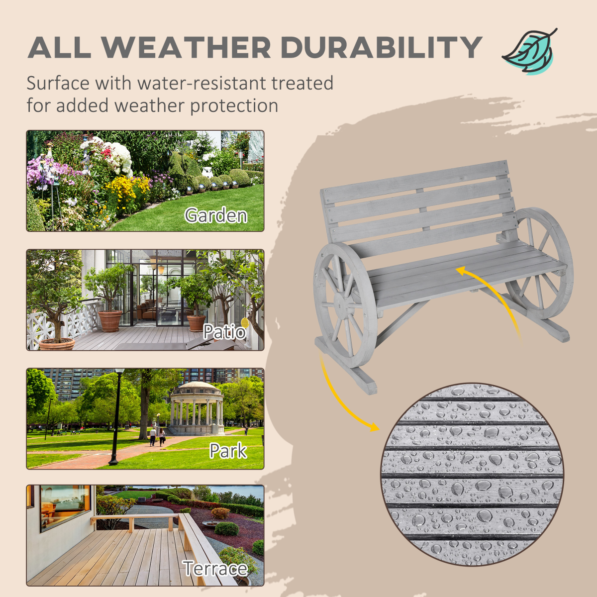 Outsunny 2-Seater Solid Fir Wood Garden Bench with Wagon Wheel Armrests, High Back, Grey