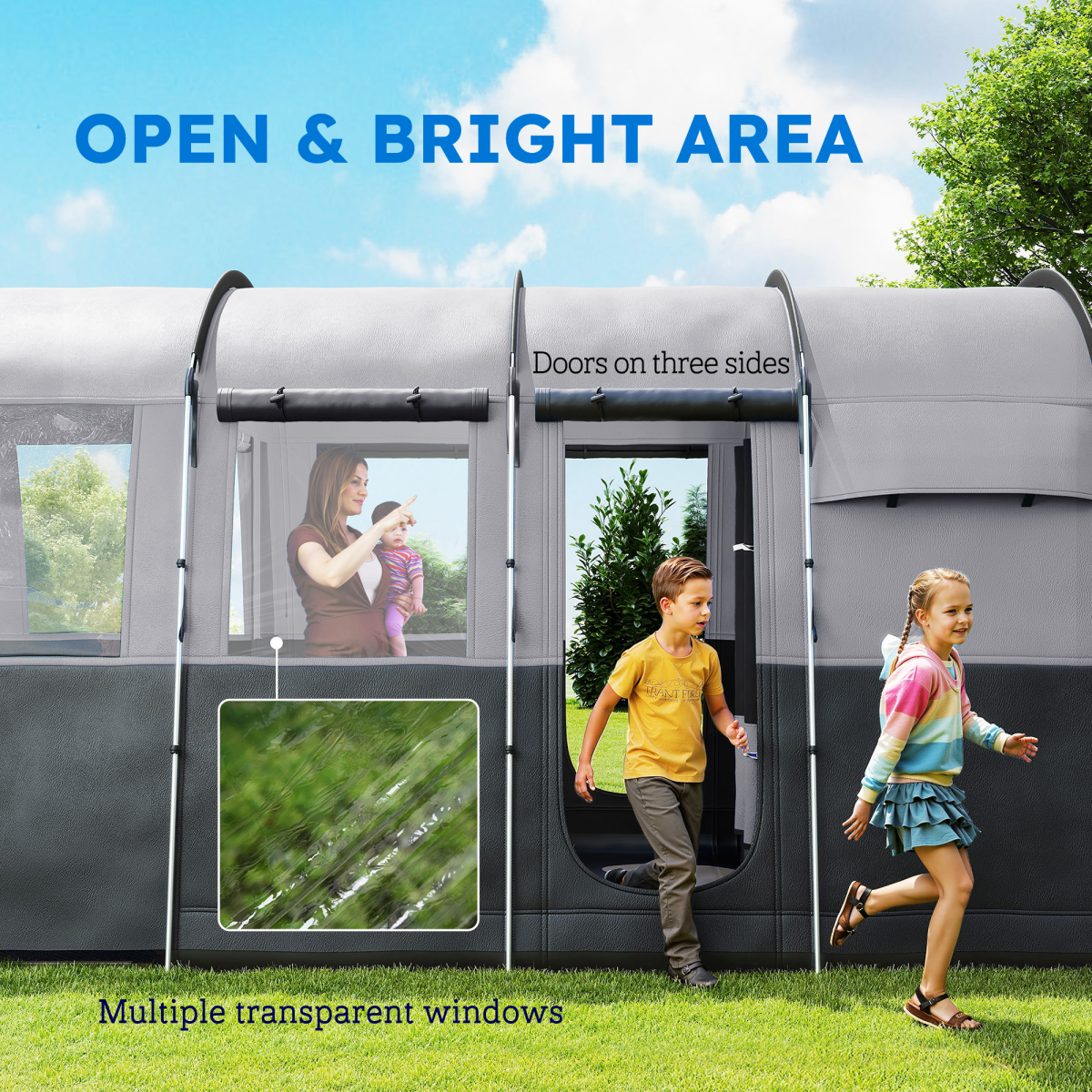 8-Person Camping Tent Tunnel Design with 4 Large Windows Dark Grey