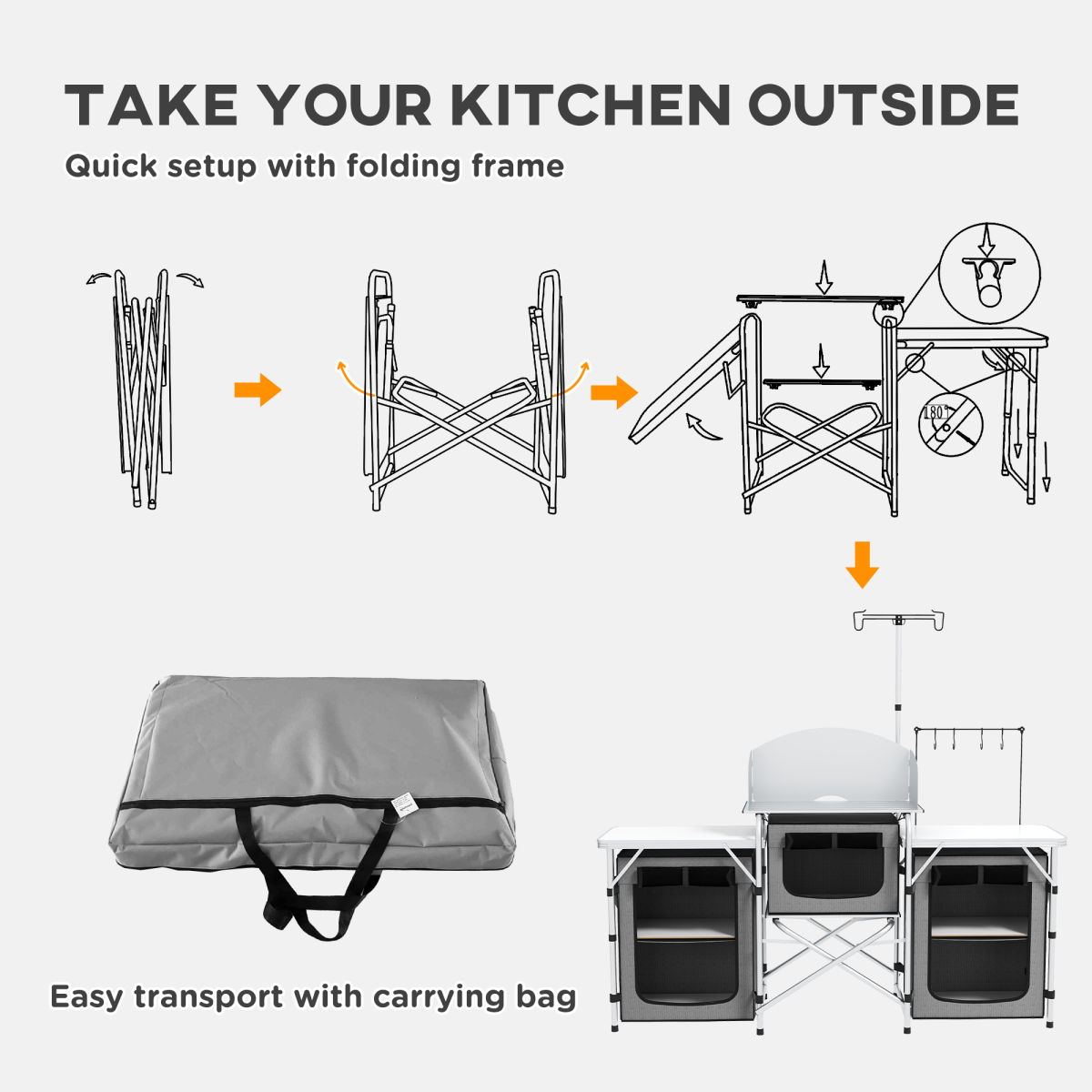 Outsunny Folding Camping Kitchen with Windshield, Lamp Stand & Carry Bag