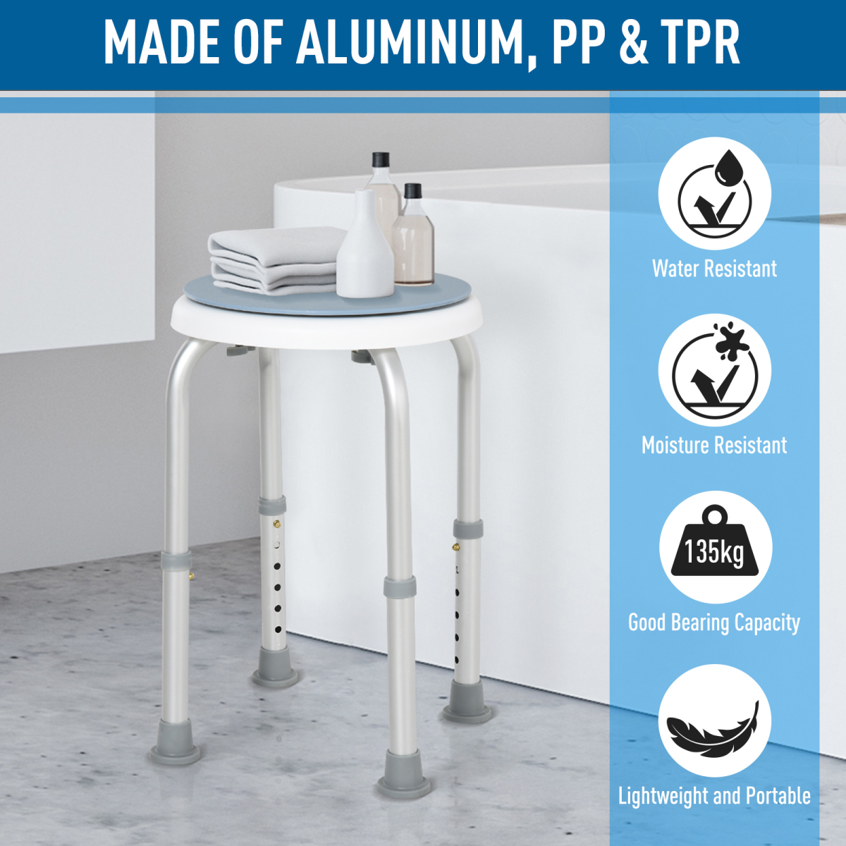 360° Swivel Bath Shower Stool, Adjustable Height, Non-Slip Feet