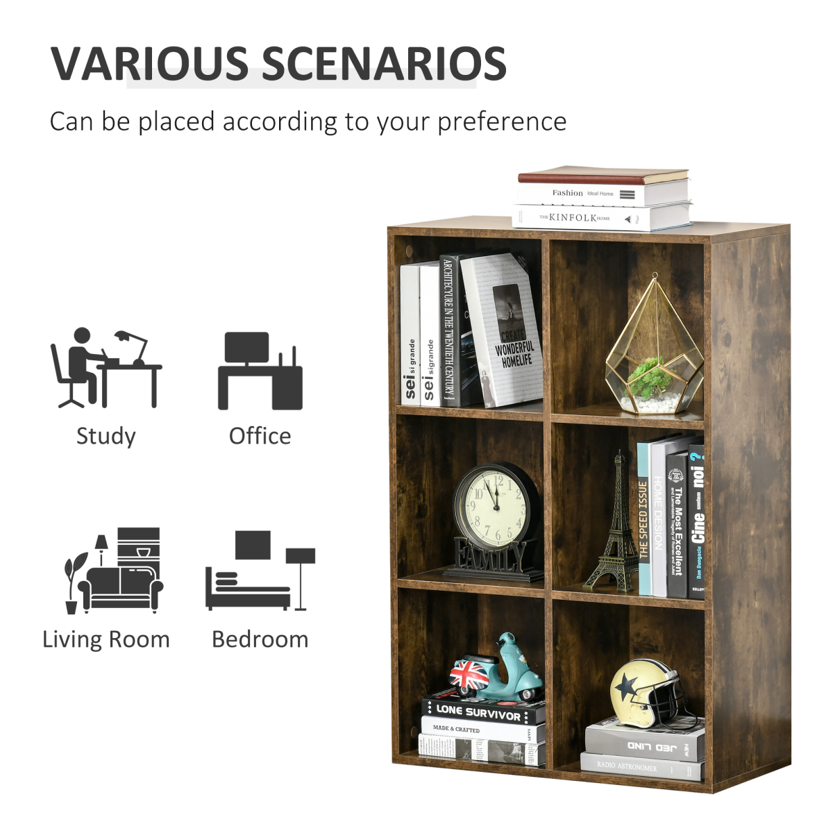 6-Cube Open Bookcase Storage Display Cabinet for Home Office, Study, Bedroom, Family Room