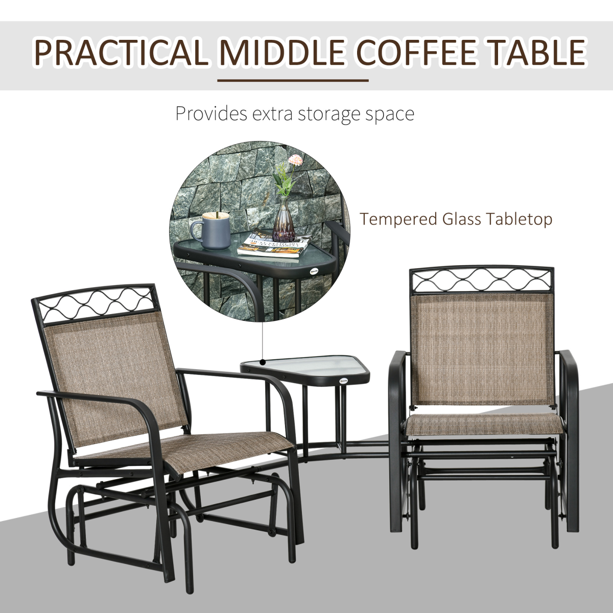 Outsunny 2 Seater Patio Rocking Chairs Set with Tempered Glass Table, Brown