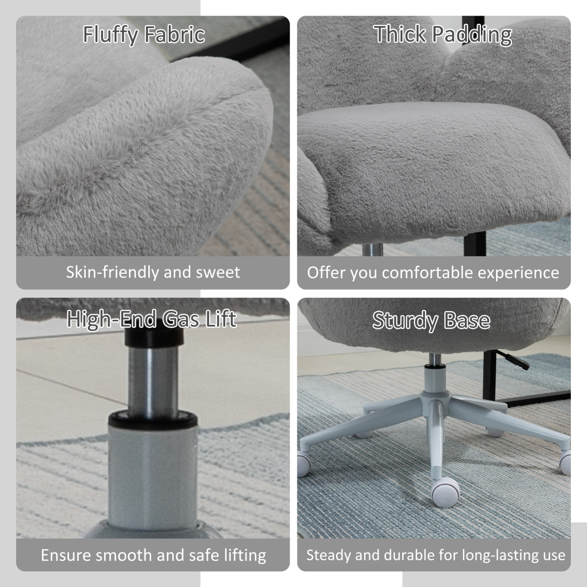 HOMCOM Fluffy Leisure Office Chair with Backrest and Armrests, Swivel Height Adjustable, Grey