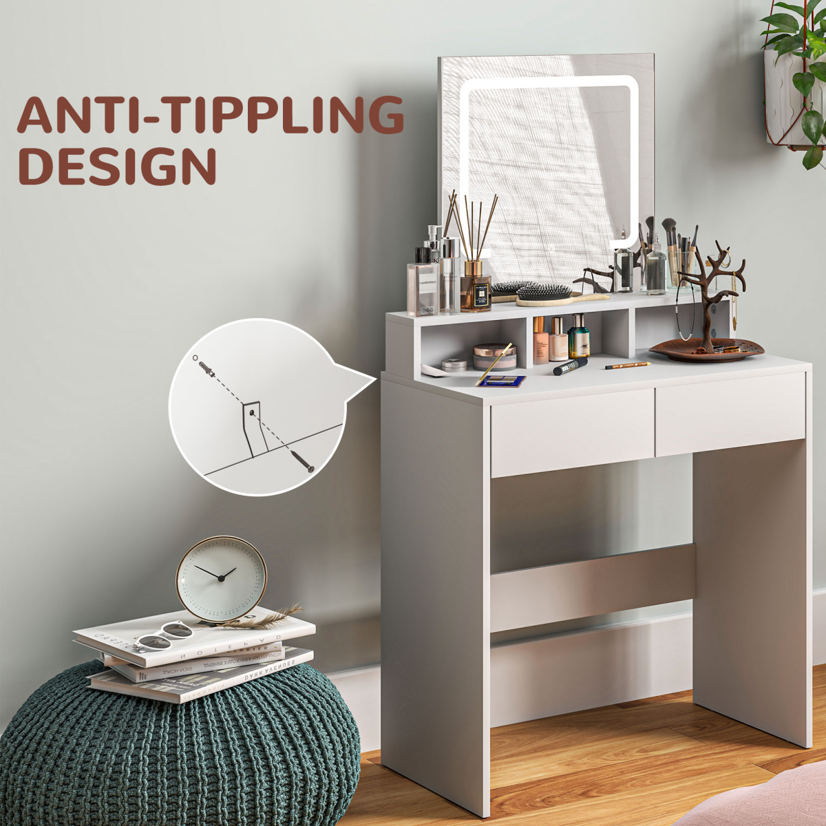 HOMCOM Dressing Table with Mirror, LED Lights, 2 Drawers, White
