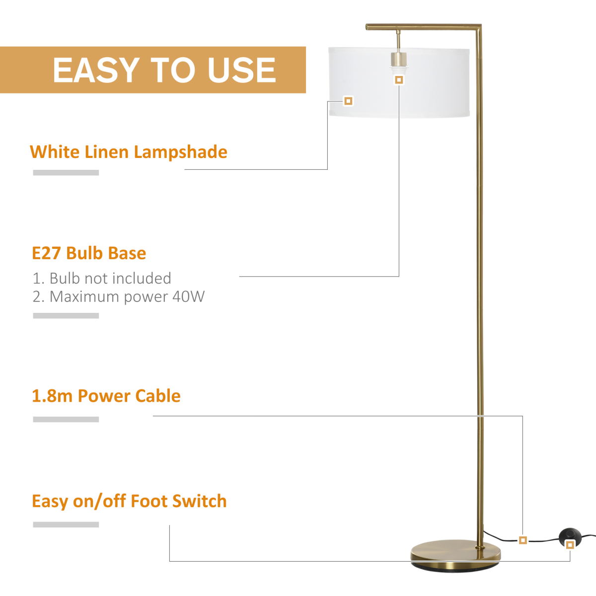 HOMCOM Floor Lamp with White Linen Lampshade and Round Base for Living Room Bedroom