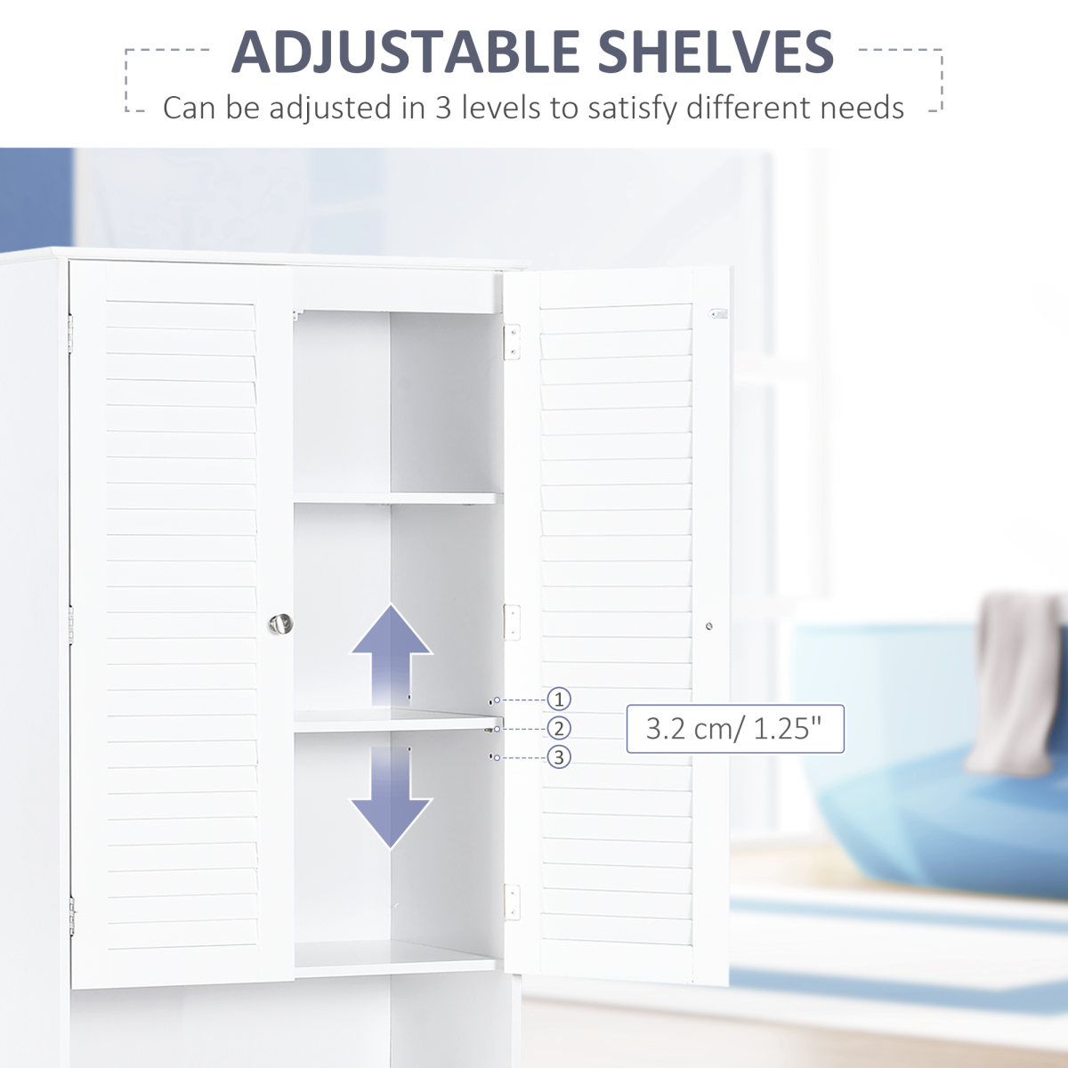 HOMCOM 183x60cm Tall Freestanding Bathroom Cabinet with Retro Shutters, 3 Compartments, White