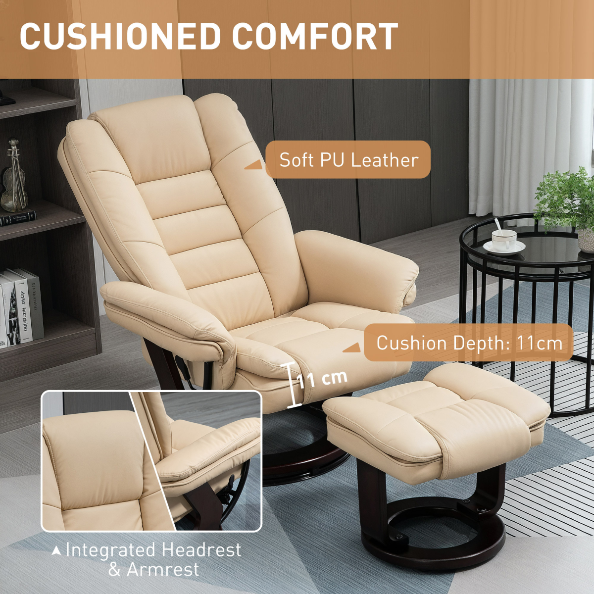 HOMCOM Beige PU Leather Swivel Manual Recliner Chair with Footrest