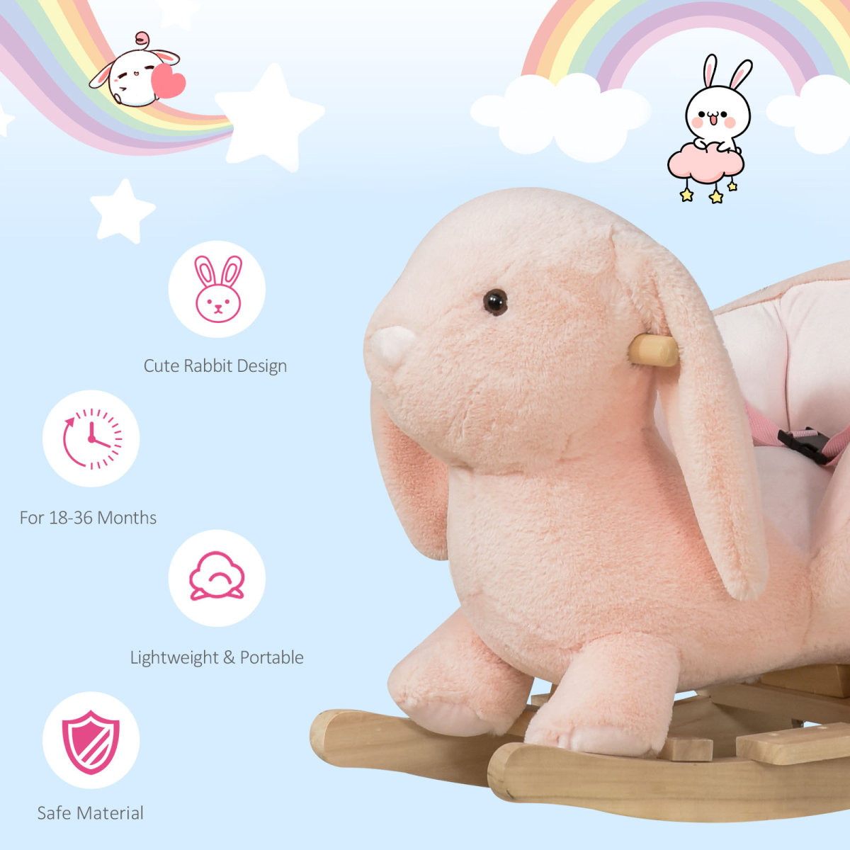 Kids Plush Rocking Rabbit with Sound, Seat Belt & Handlebars