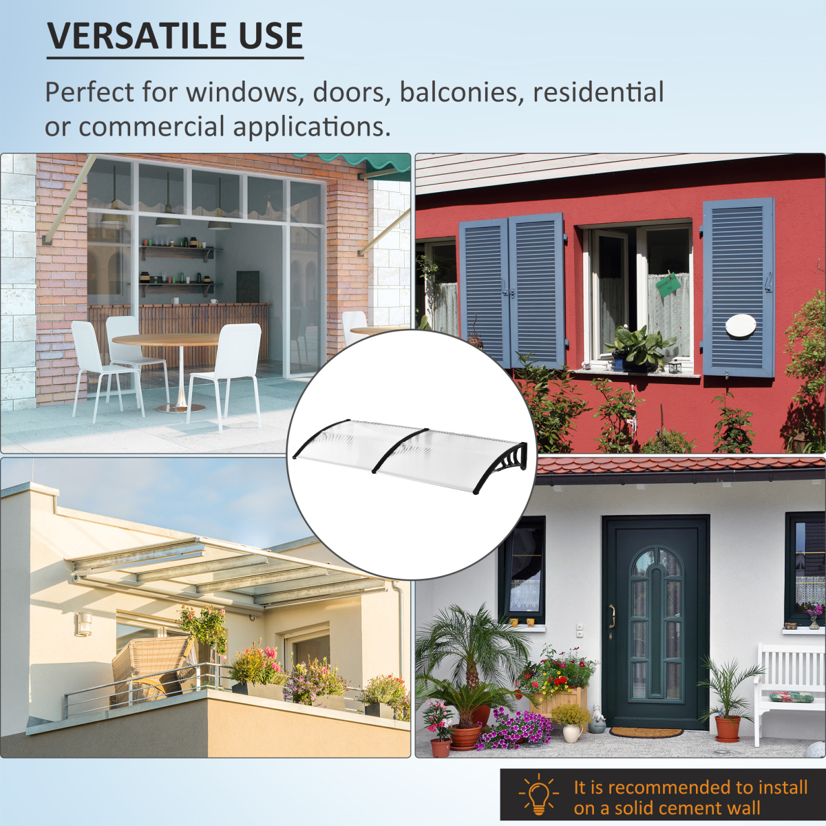 Outsunny Clear Polycarbonate Curved Awning for Windows, Doorways and Balconies, White, 80 x 195 x 23 cm