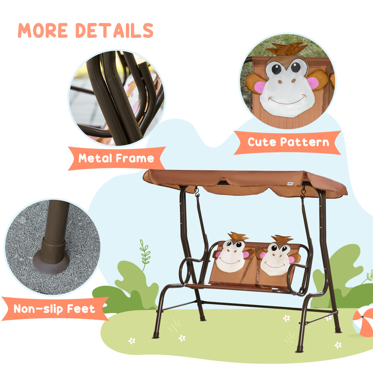 Two-Seat Kids Canopy Swing Chair Adjustable Awning, Seatbelt
