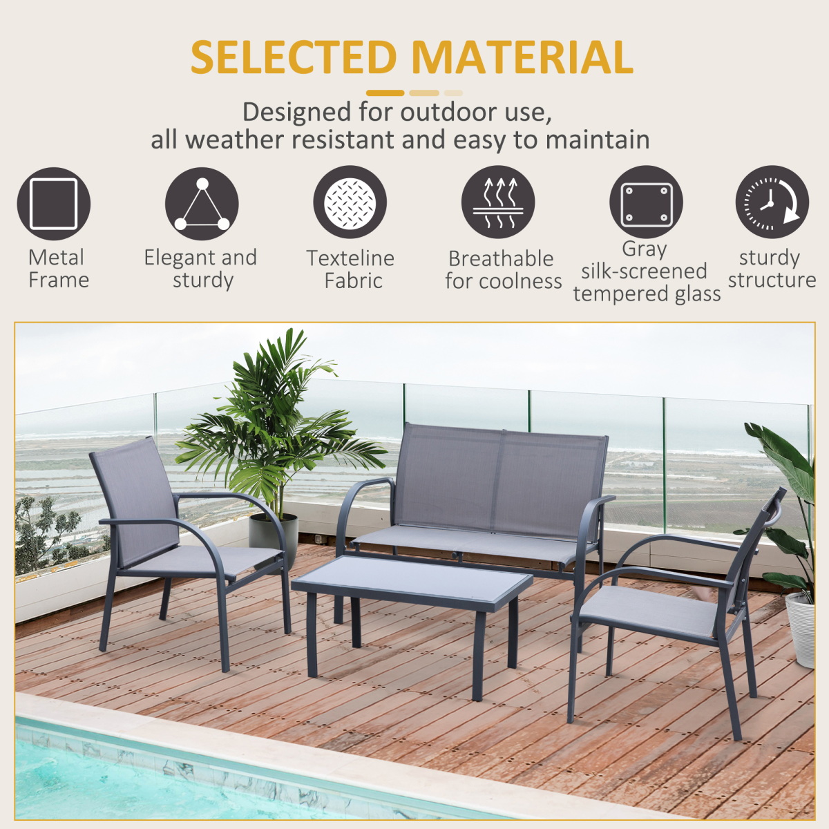 Outsunny 4 Piece Outdoor Dining Set with Loveseat, 2 Chairs and Tempered Glass Table, Grey