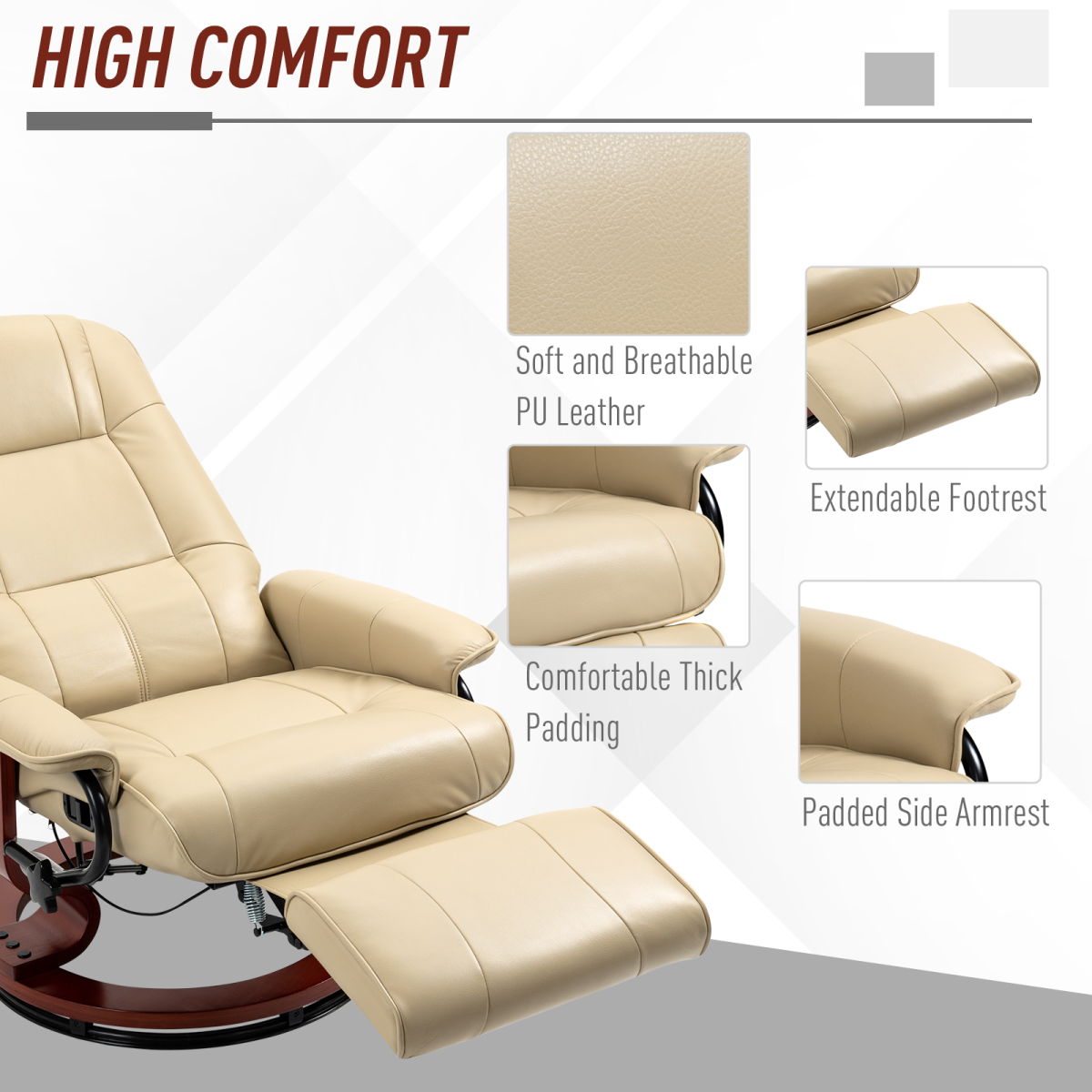 HOMCOM Cream PU Leather Ergonomic Recliner Chair with Footrest