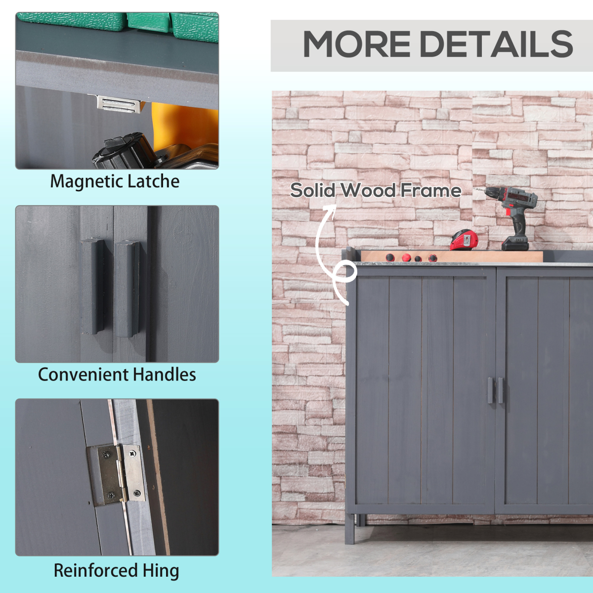 Outsunny Garden Storage Cabinet Potting Bench Table, Grey, Galvanised Metal Surface, Two Shelves, Magnetic Doors, Fir Wood Body