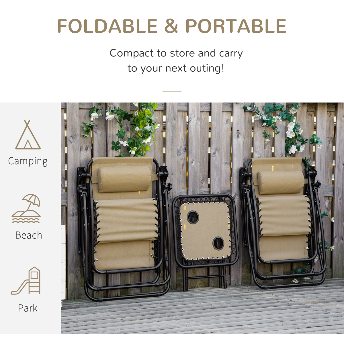 Outsunny 3-Piece Zero Gravity Sun Lounger Chair and Side Table Set with Cup Holders, Beige
