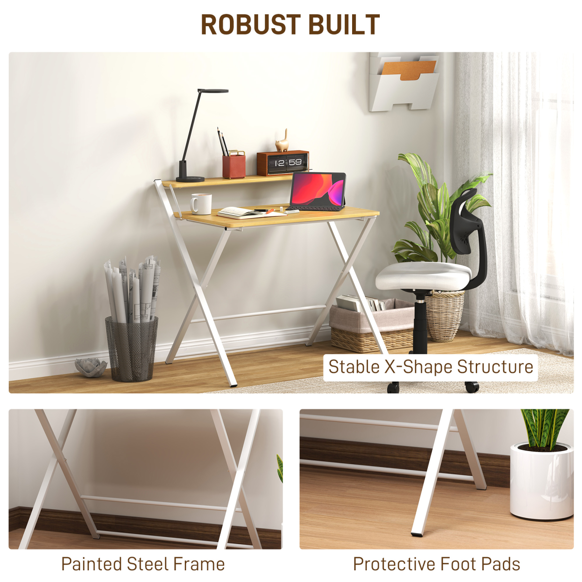 HOMCOM Folding Desk with 2-Tier Shelf, Maple Wood-Effect