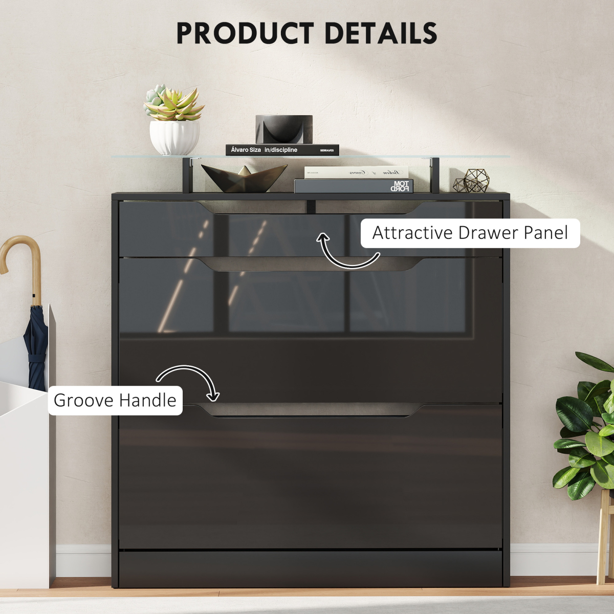 HOMCOM Slim Shoe Cabinet with Glass Top, 2 Flip Drawers, Black
