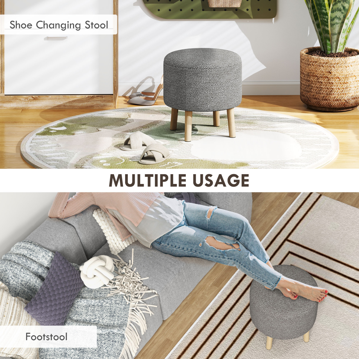 HOMCOM Round Storage Ottoman Stool with Cushioned Top & Hidden Storage