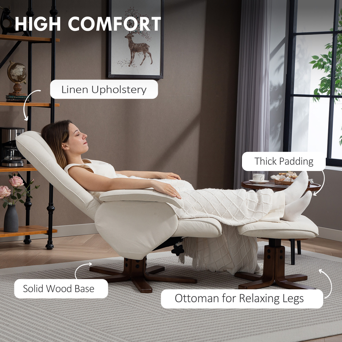 HOMCOM Beige Swivel Recliner Chair with Footstool and Wooden Base
