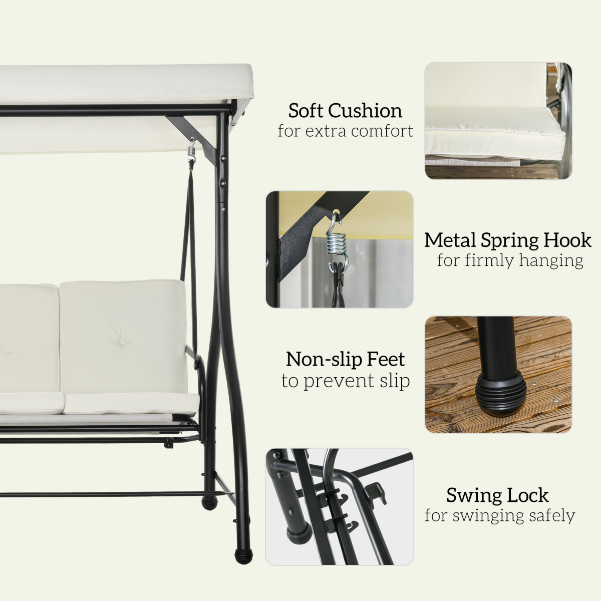 Outsunny 3-Seater Canopy Swing Chair with Cushion, Cream White