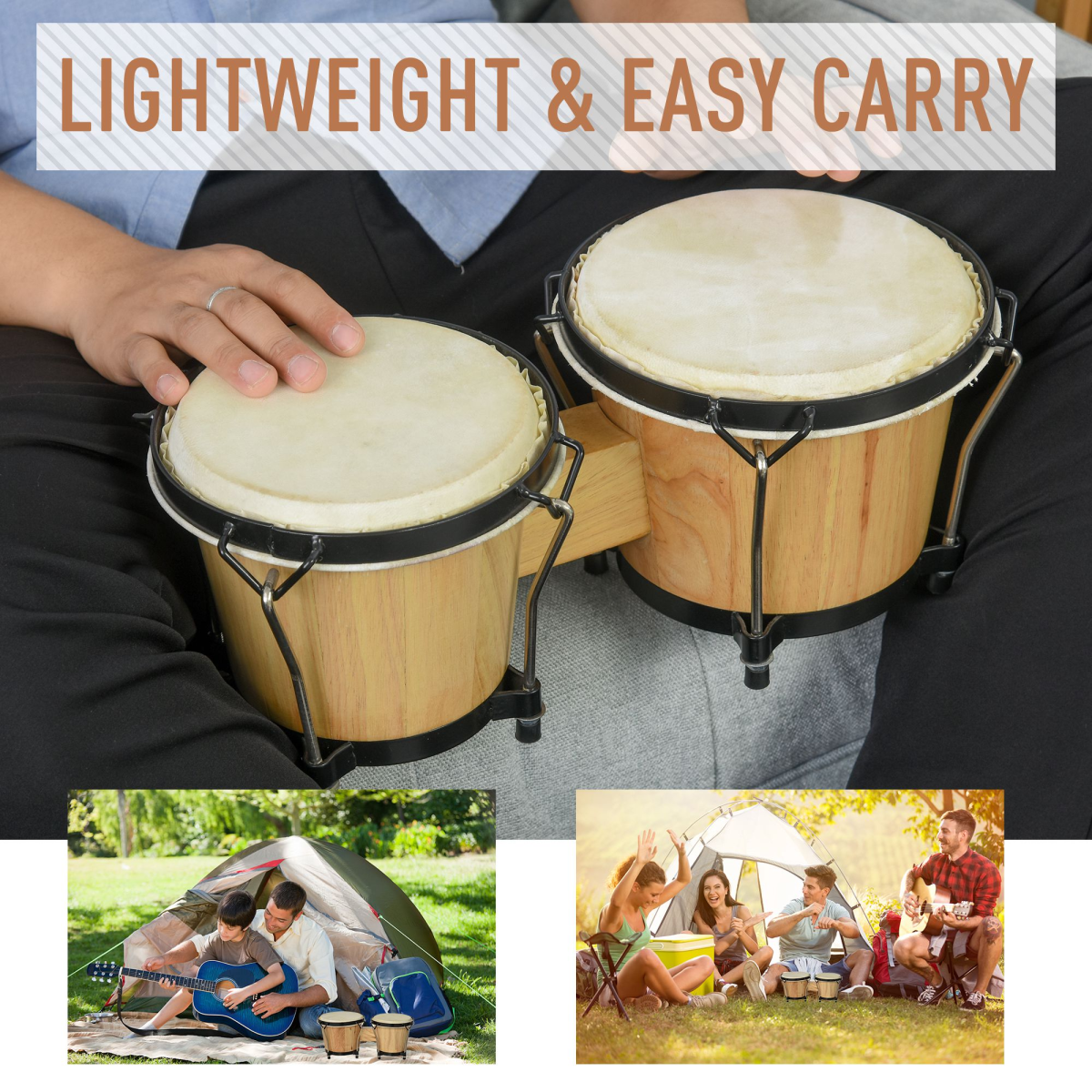 Wooden Bongo Drum Set with Sheepskin Heads and Tuning Wrench